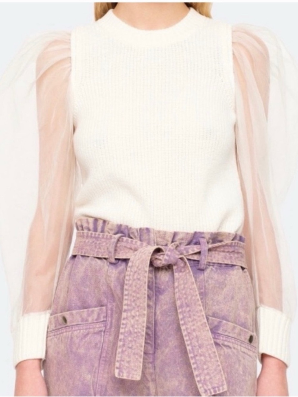 Sea New York White Knit Top with Sheer Sleeves